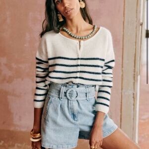 Sezane Gaspard Cardigan Cream with Navy Stripes